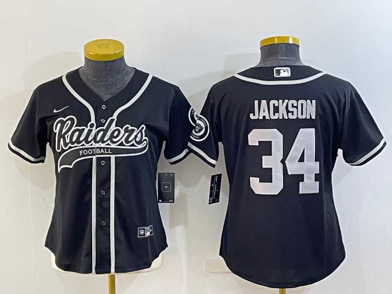 Women's Las Vegas Raiders #34 Bo Jackson Black With Patch Cool Base Stitched Baseball Jersey,We sell and wholesale Women's Las Vegas Raiders #34 Bo Jackson Black With Patch Cool Base Stitched Baseball Jersey on line form chian!